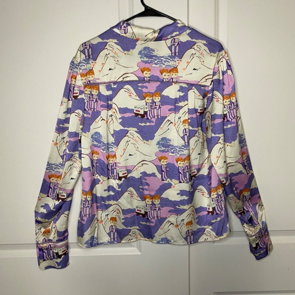 MUKZIN Adventure in Space Purple Print Button Up Long Sleeve Top Size L - Picture 2 of 12